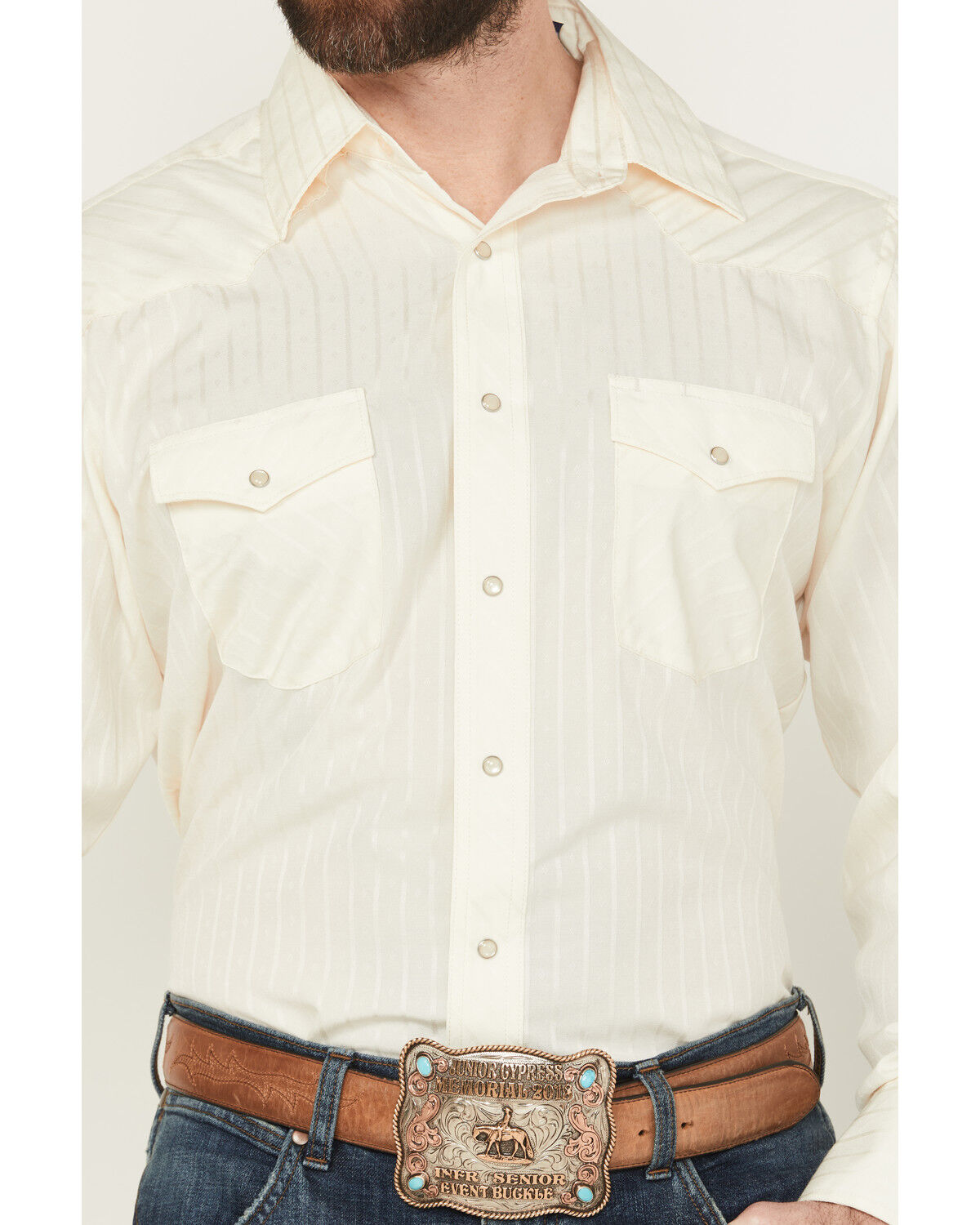 Image #3 - Wrangler Men's White Solid Dobby Long Sleeve Pearl Snap Western Shirt - Big & Tall, Cream, hi-res