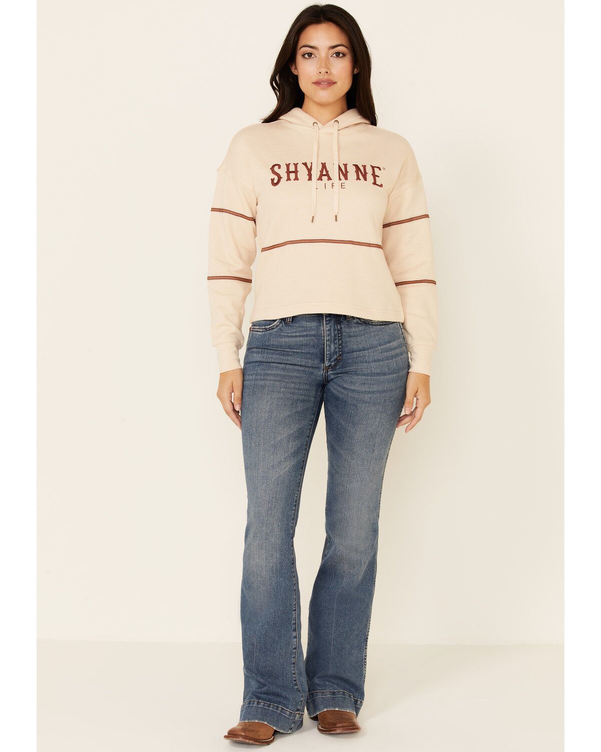 Image #4 - Shyanne Women's Tan & White Embroidered Logo Crop Hoodie, Tan, hi-res