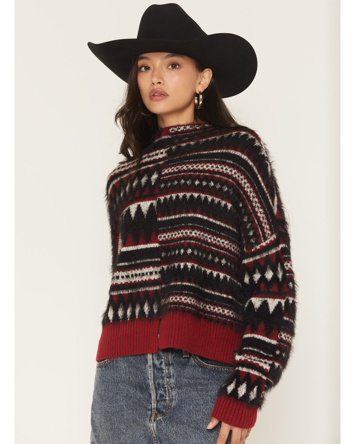 Image #1 - Rock & Roll Denim Women's Southwestern Print Sweater, Black, hi-res