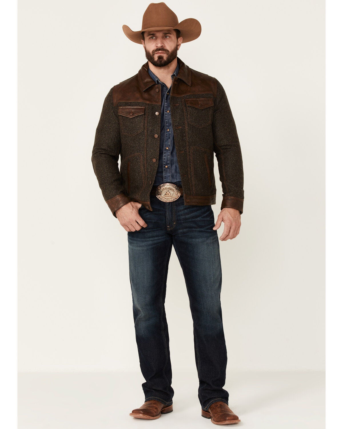 Image #2 - Scully Men's Vintage Herringbone Leather Trim Button-Front Jacket, Brown, hi-res