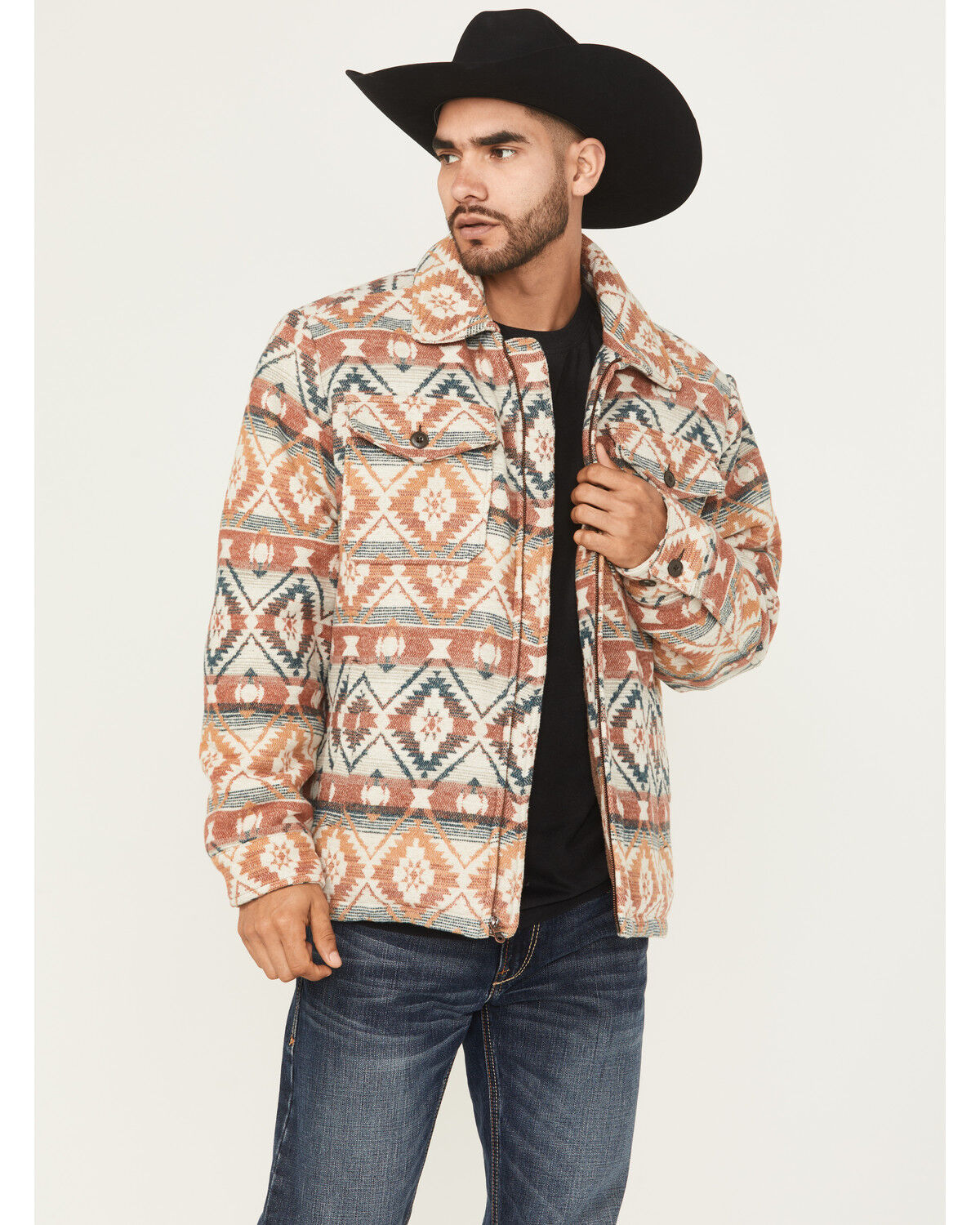 Image #1 - Cripple Creek Men's Southwestern Print Sherpa Lined Blanket Shirt Jacket, Cream/red, hi-res