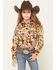 Image #1 - Cowgirl Hardware Girls' Cowhide Print Long Sleeve Pearl Snap Stretch Western Shirt, Brown, hi-res