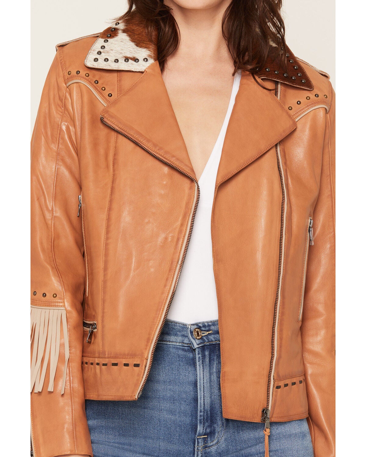 Image #3 - Scully Women's Studded Fringe Cowhide Jacket, Tan, hi-res