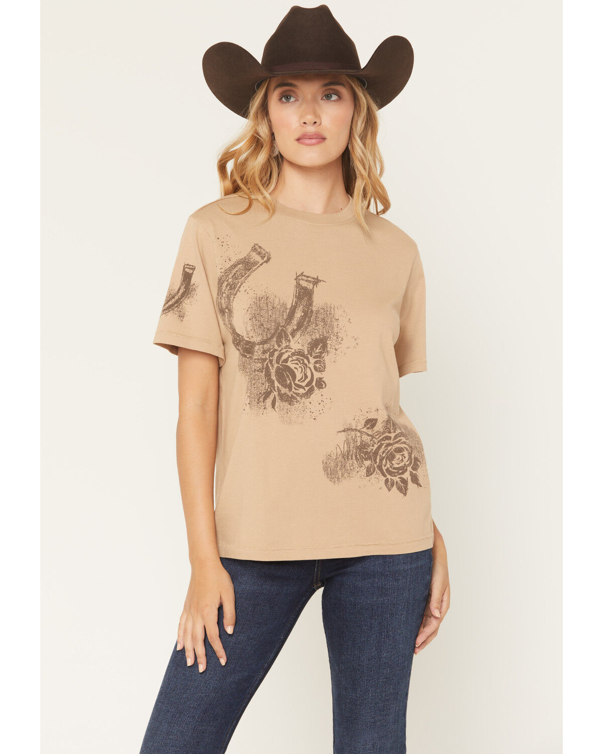 Image #1 - Shyanne Women's Icon Horseshoe Short Sleeve Boyfriend Graphic Tee, Khaki, hi-res