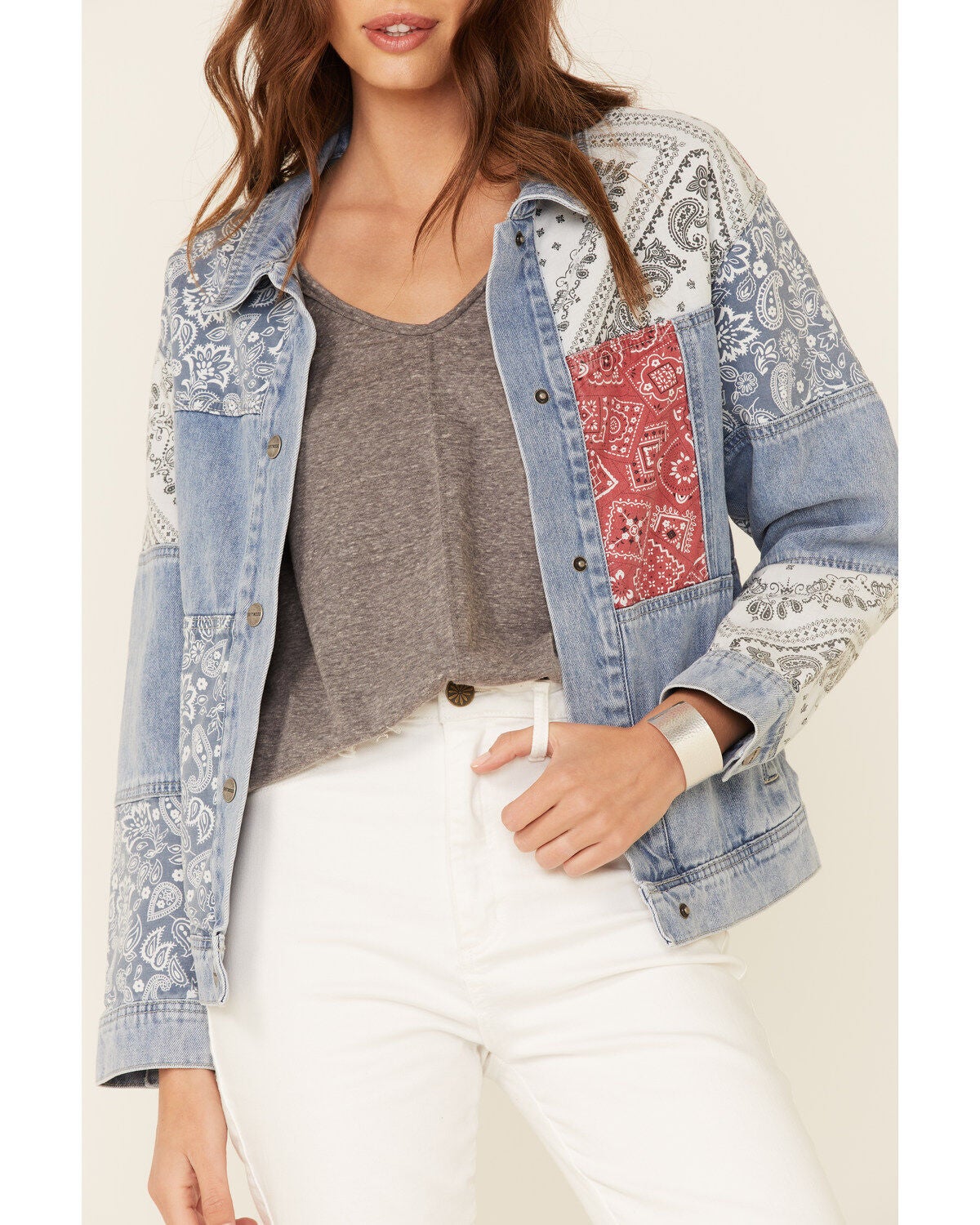Driftwood Women's Medium Wash Bandana Patchwork Snap Denim Jacket