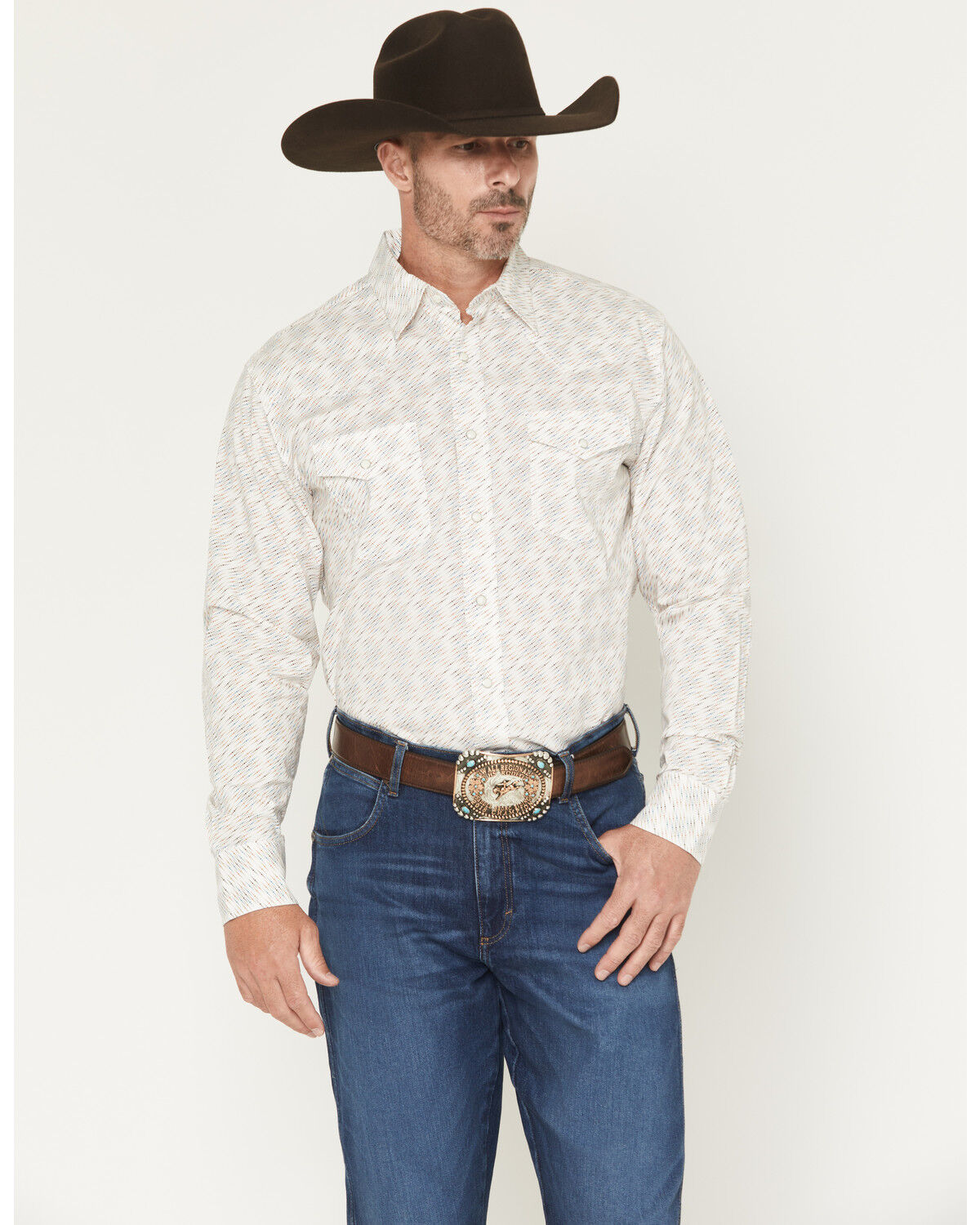 Image #1 - Wrangler 20X Men's Geo Print Long Sleeve Snap Stretch Western Shirt, White, hi-res