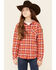 Image #1 - Roper Girls' Plaid Print Thermal Lined Snap-Front Hooded Shacket, Orange, hi-res