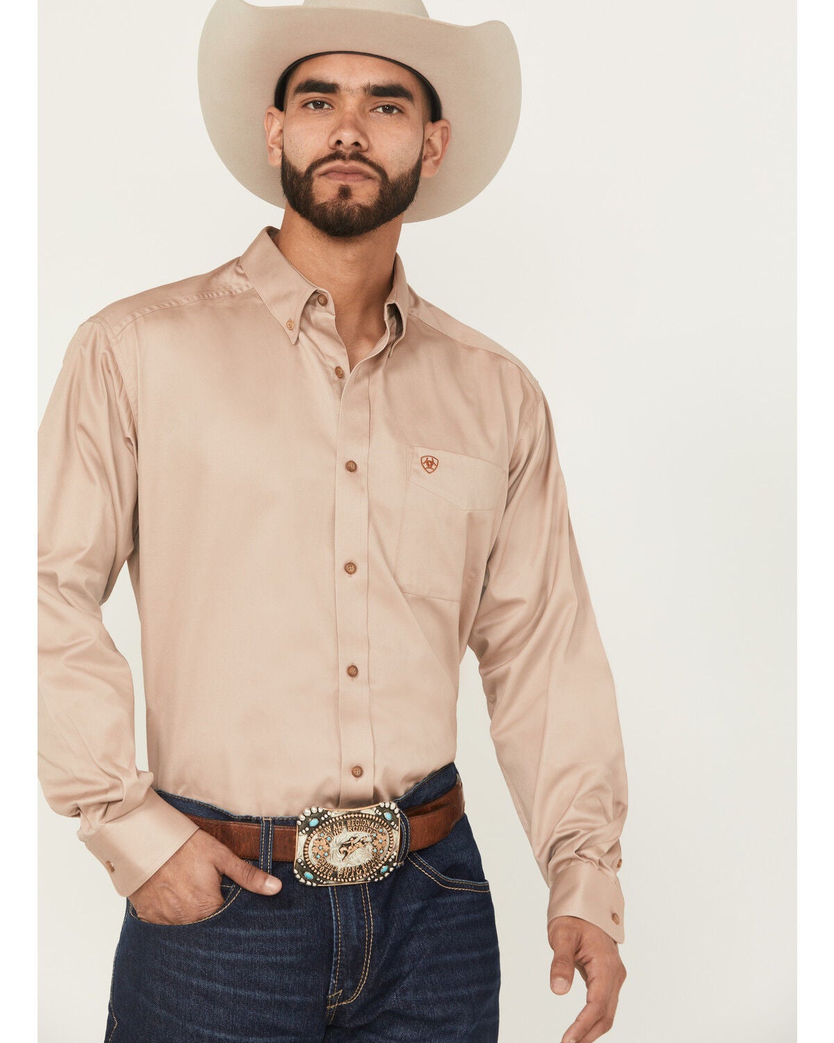 Ariat Men's Solid Khaki Twill Long Sleeve Western Shirt - Big & Tall, Khaki, hi-res