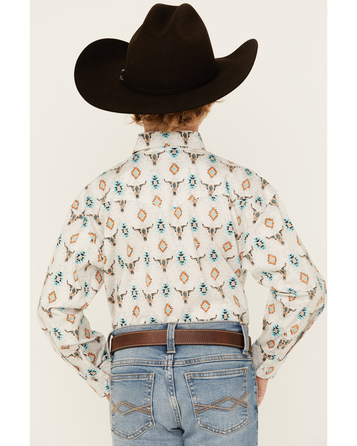 Image #4 - Rock & Roll Denim Boys' Steer Head Southwestern Print Long Sleeve Pearl Snap Stretch Western Shirt, White, hi-res