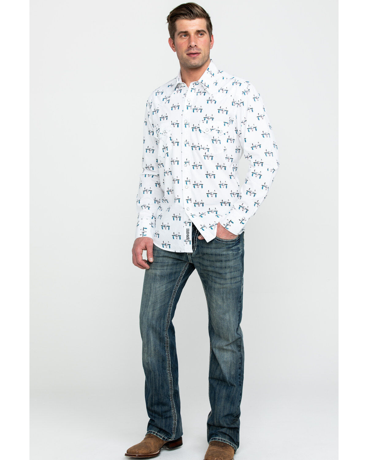 Image #6 - Rock & Roll Denim Men's Bull Skull Print Long Sleeve Western Shirt, Charcoal, hi-res