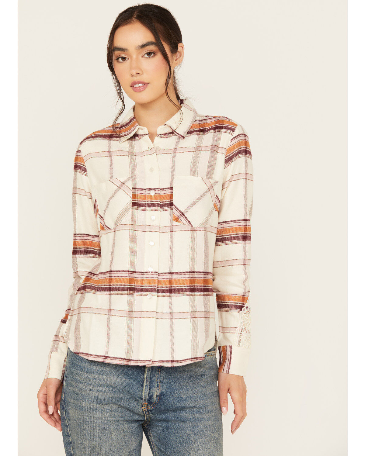 Image #2 - Shyanne Women's Lace Applique Plaid Print Button-Down Flannel Shirt, Cream, hi-res