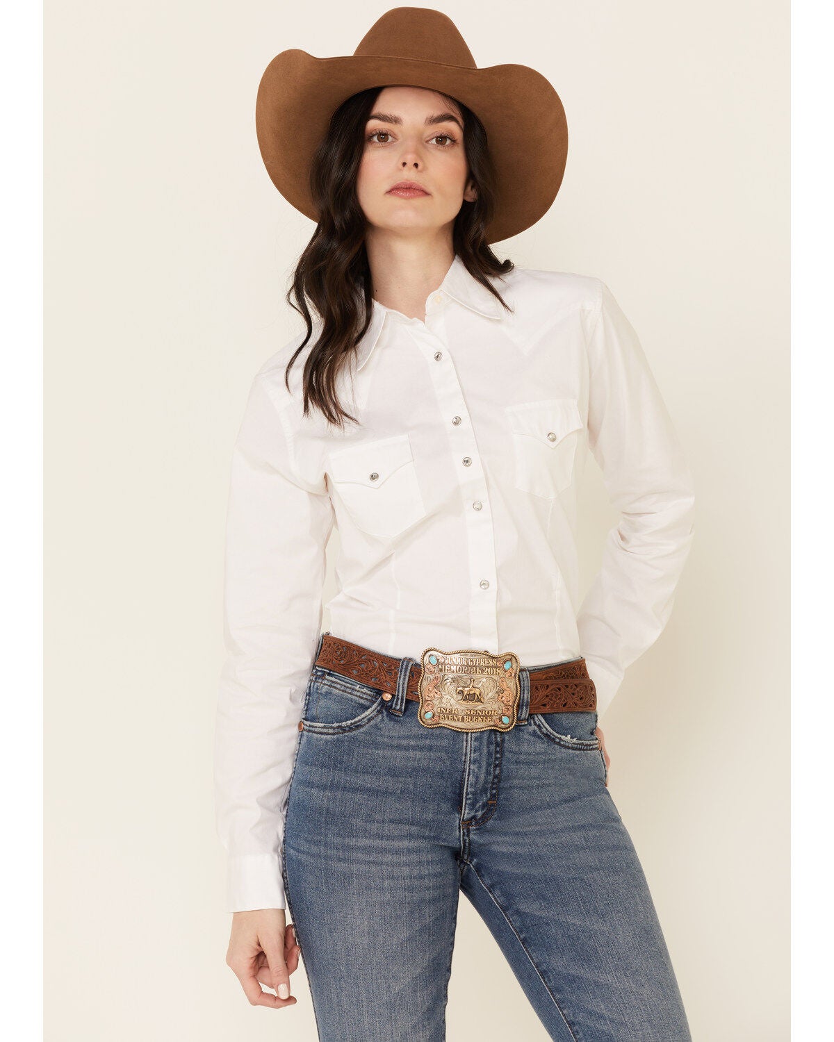 Wrangler Women's Solid Long Sleeve Rhinestone Snap Western Shirt, White, hi-res