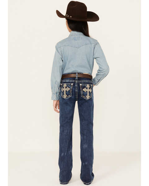 Image #3 - Miss Me Girls' Medium Wash Cross Embroidered Stretch Bootcut Jeans, Dark Blue, hi-res