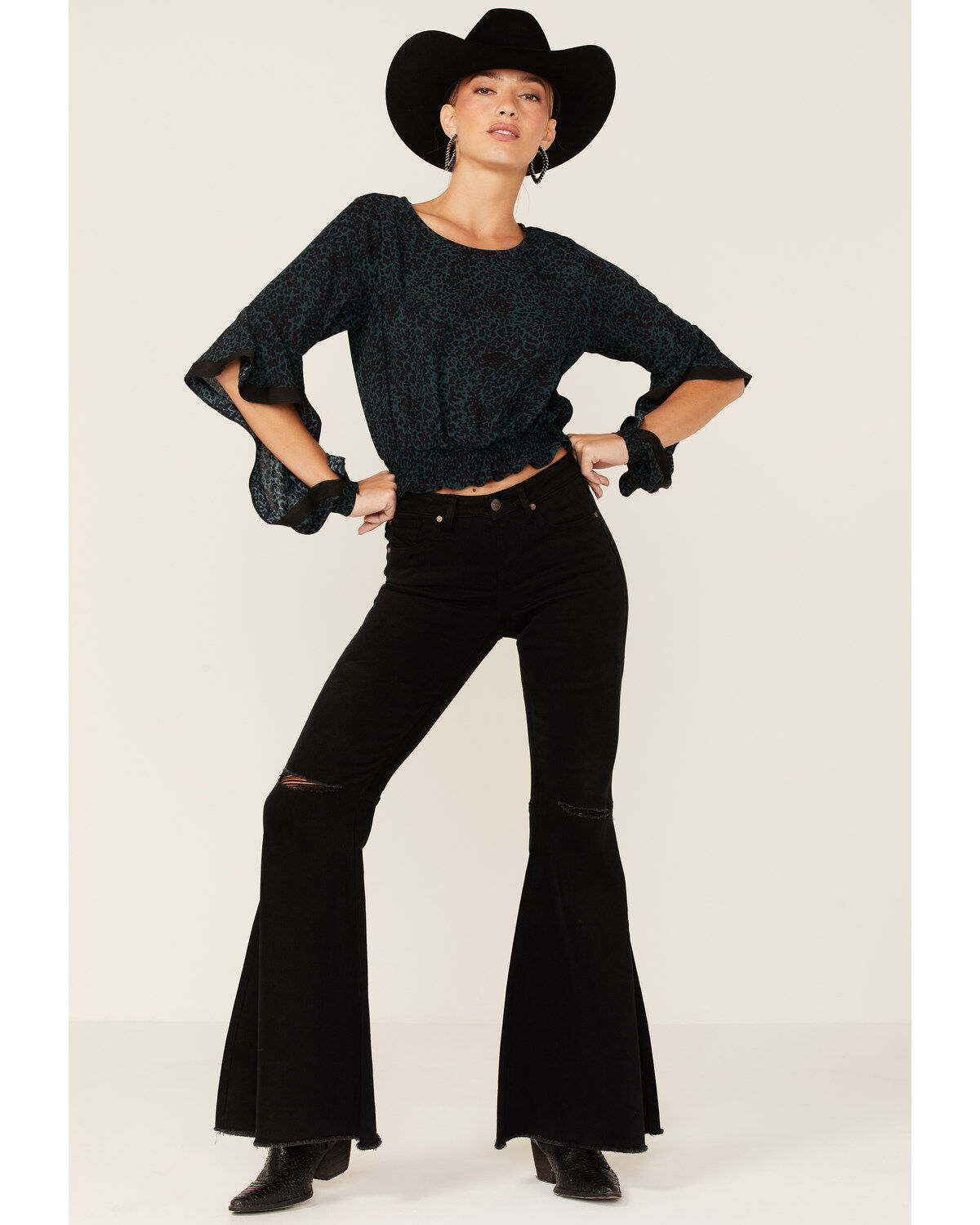 Image #2 - Shyanne Women's Dark Green Animal Print Bell Sleeve Crop Top, Dark Green, hi-res