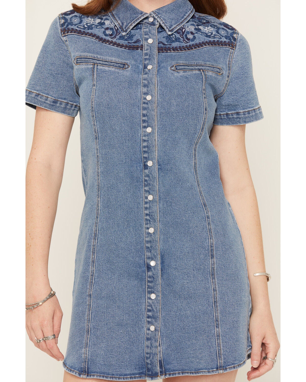 Image #3 - Blue B Women's Boot Barn Exclusive Embroidered Short Sleeve Snap Denim Mini Dress, Medium Wash, hi-res