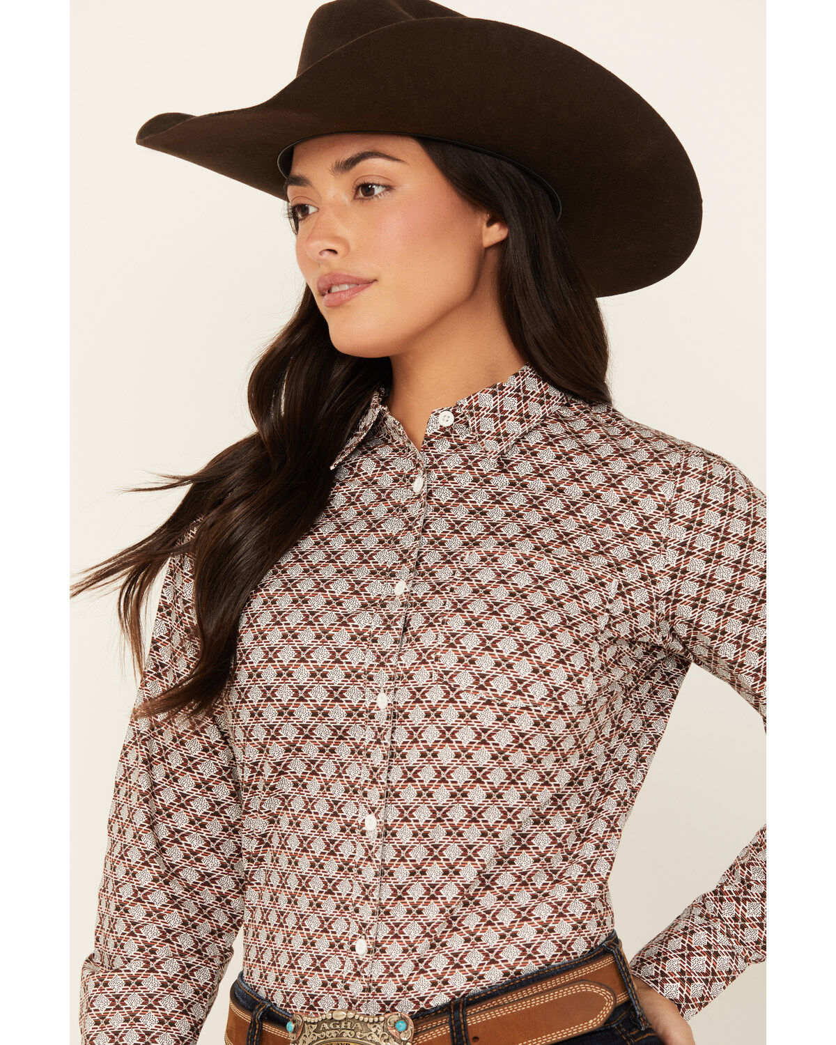 Image #2 - Shyanne Women's Geo Print Long Sleeve Button-Down Stretch Riding Shirt, Dark Red, hi-res