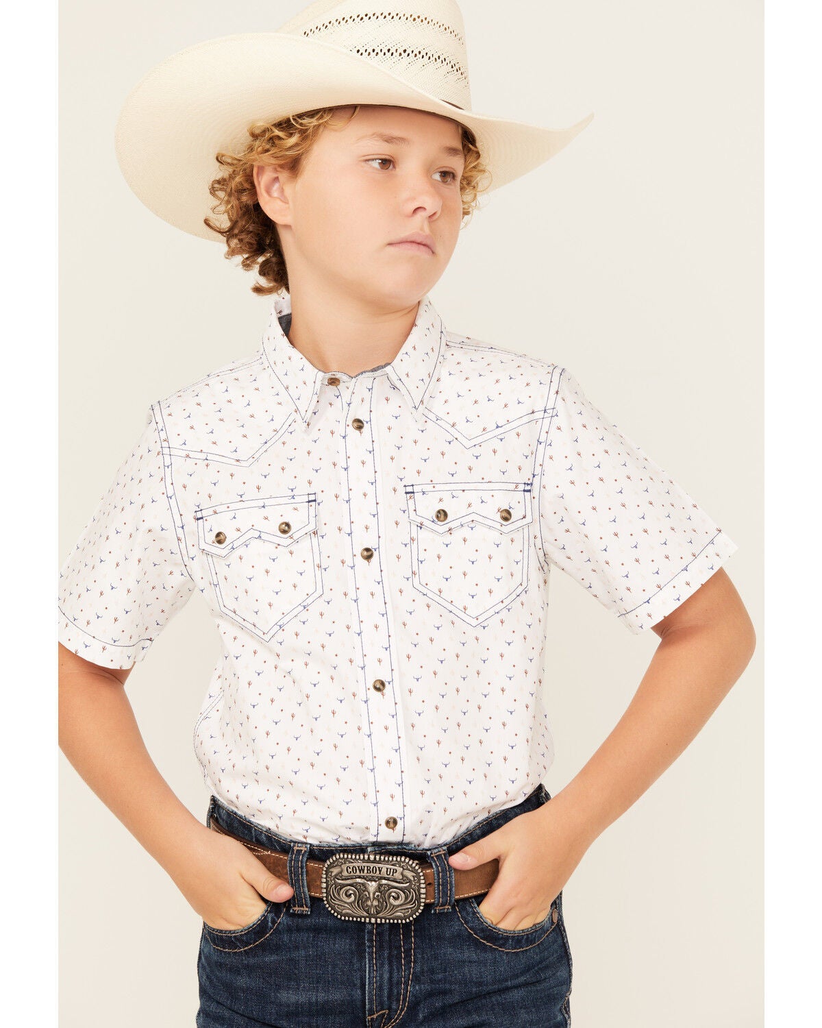 Cody James Boys' Bull Cactus Print Short Sleeve Snap Western Shirt, White, hi-res