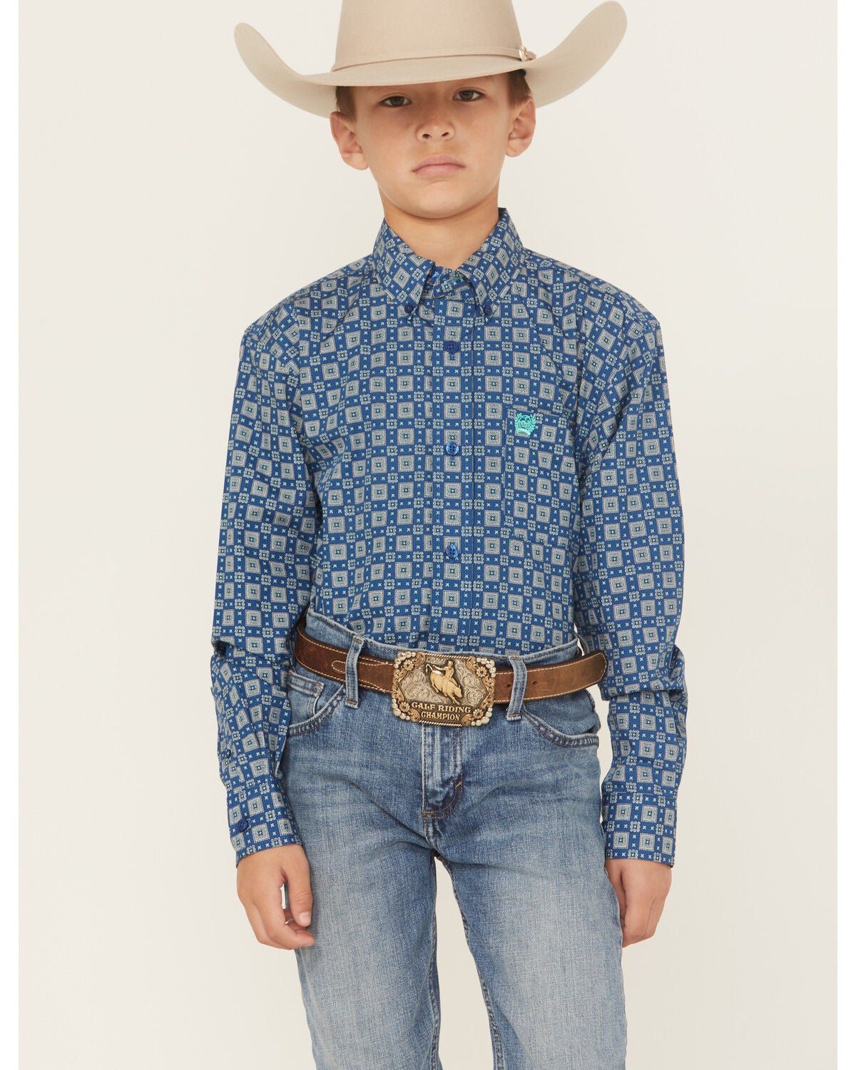 Cinch Boys' Geo Print Long Sleeve Button-Down Western Shirt, Royal Blue, hi-res