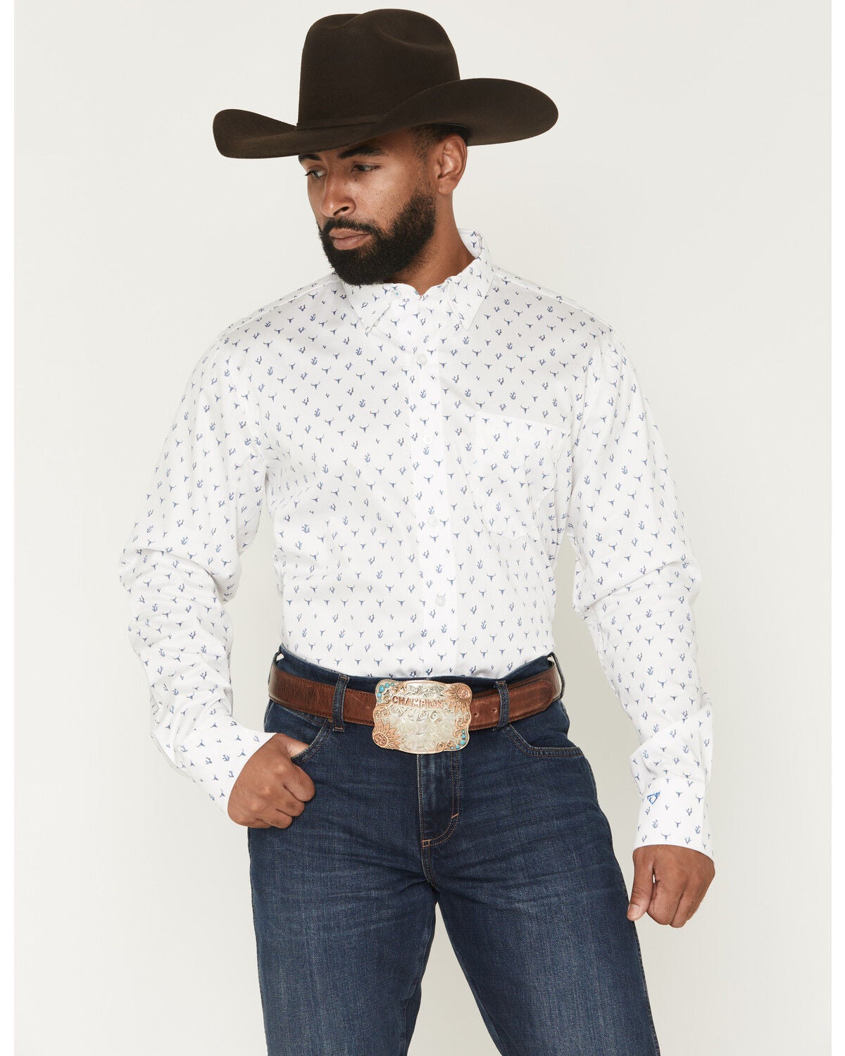 Wrangler X Cody Johnson Men's Steer Head Print Long Sleeve Button-Down Western Shirt, White, hi-res