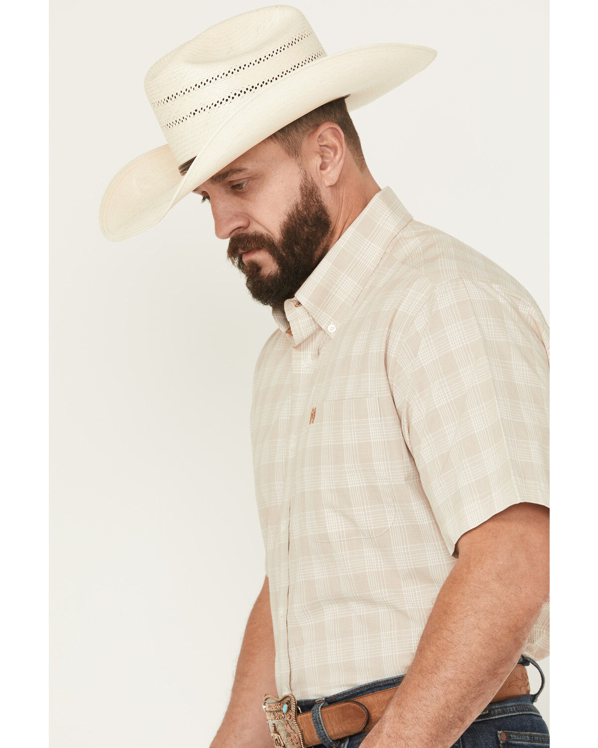 Image #2 - Cinch Men's Plaid Print Short Sleeve Button-Down Western Shirt, Oatmeal, hi-res