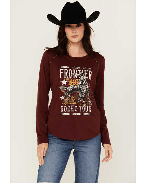 Rock & Roll Denim Women's Frontier Rodeo Long Sleeve Graphic Tee, Burgundy, hi-res