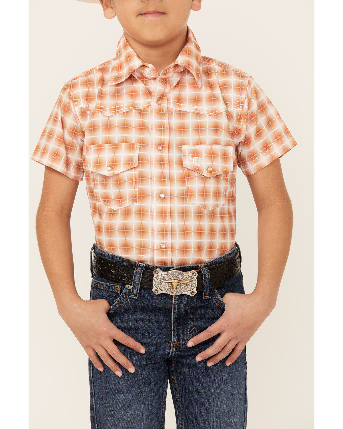 Image #3 - Cowboy Hardware Boys' Gradient Square Short Sleeve Snap Western Shirt, Orange, hi-res