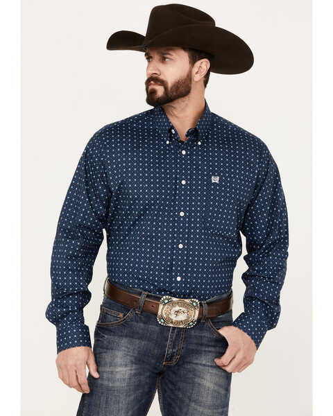 Cinch Men's Geo Print Long Sleeve Button Down Stretch Western Shirt , Blue, hi-res