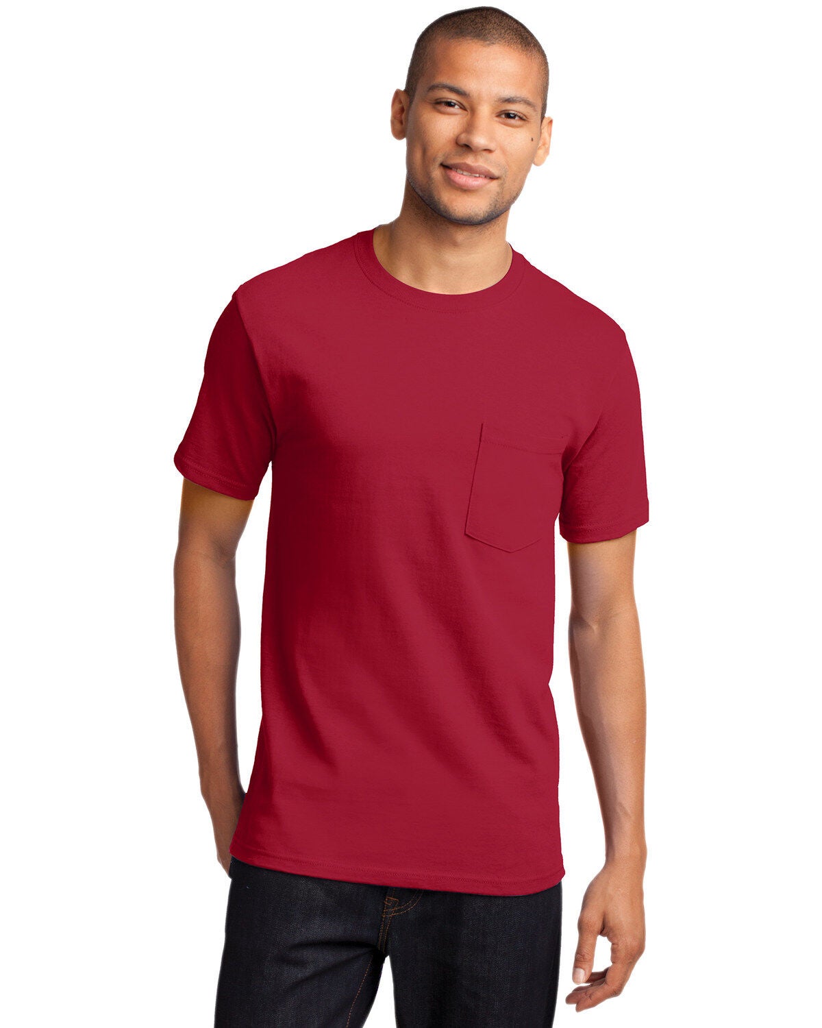 Image #1 - Port & Company Men's Red Essential Solid Pocket Short Sleeve Work T-Shirt, , hi-res