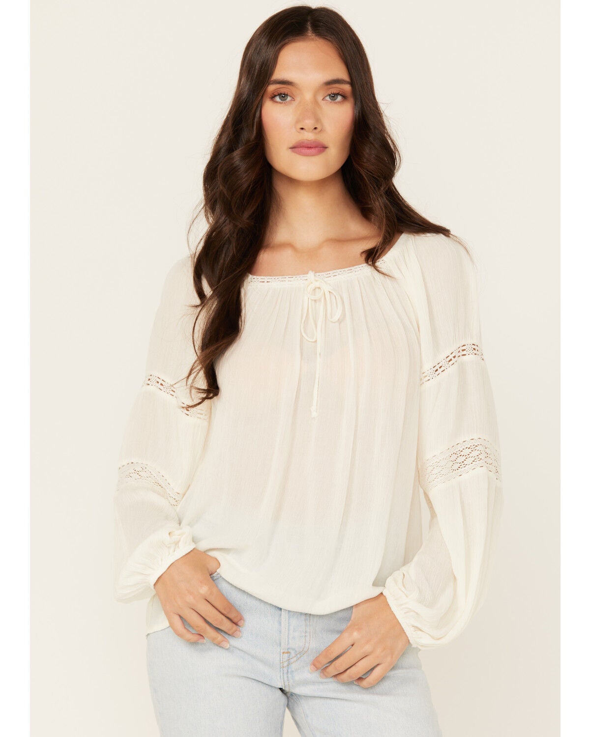 Jolt Women's Lace Trim Peasant Top, Ivory, hi-res