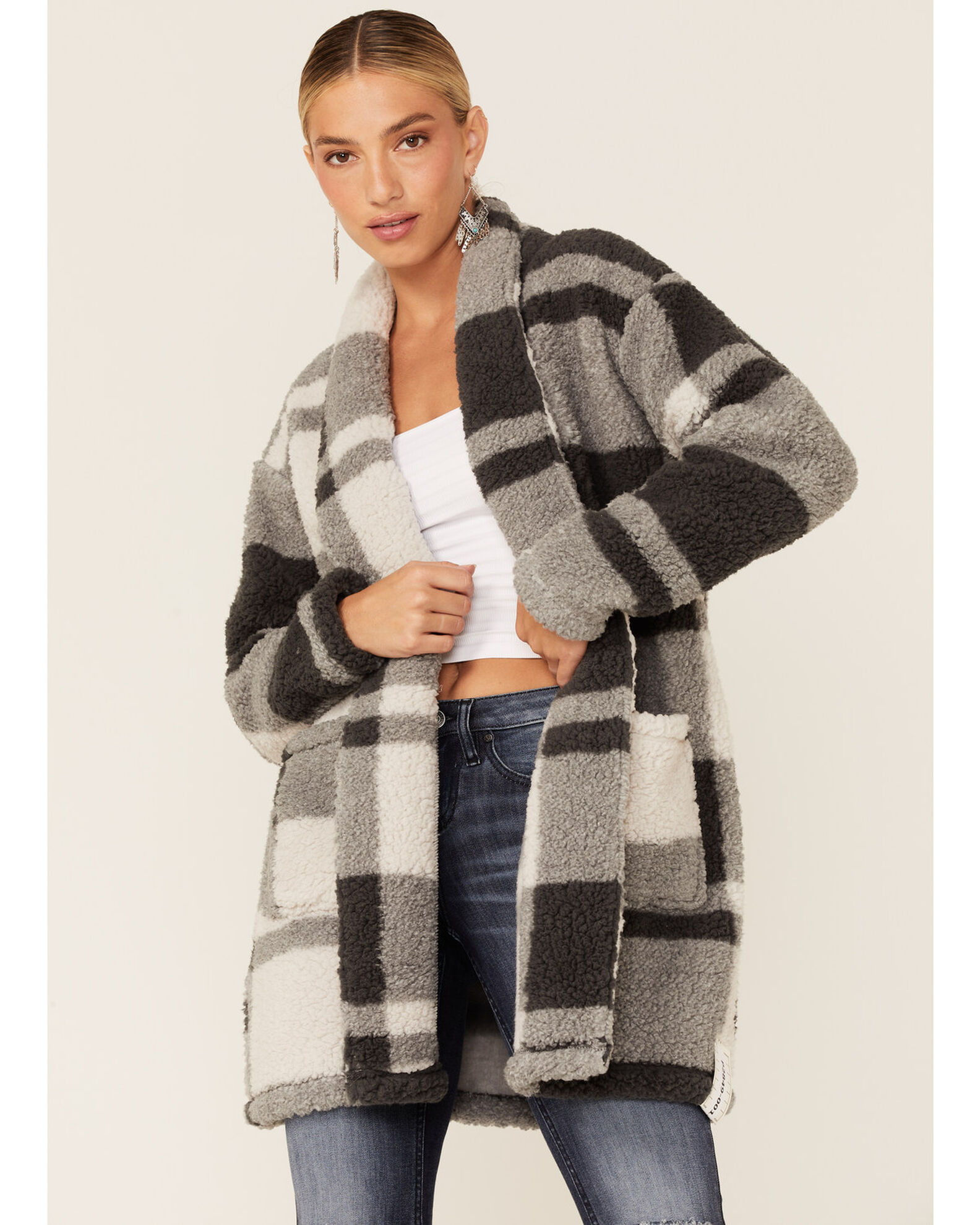 Stillwater Supply Women s Plaid Open Front Sherpa Cardigan Boot Barn