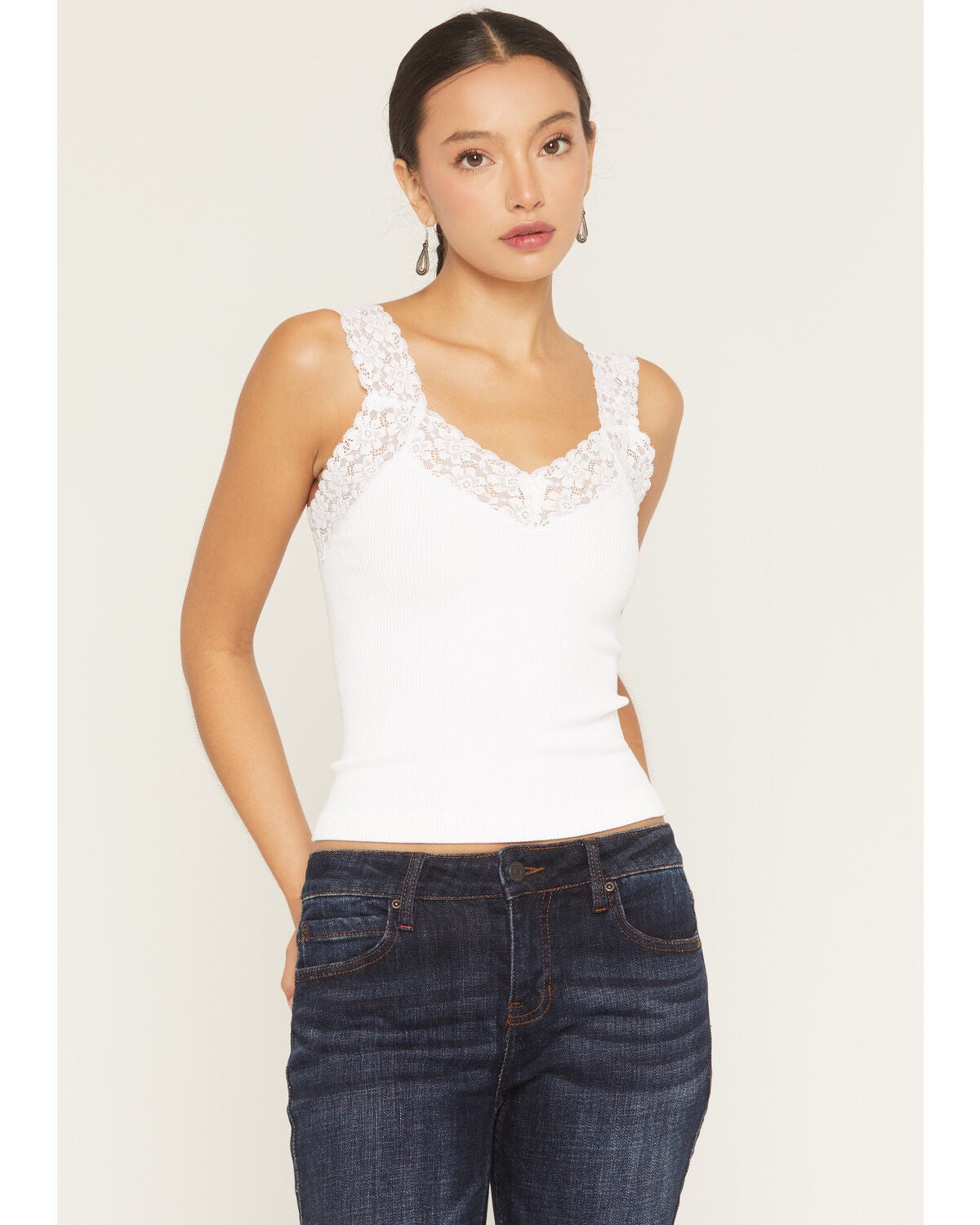 By Together Women's Seamless Lace Ribbed Tank, White, hi-res