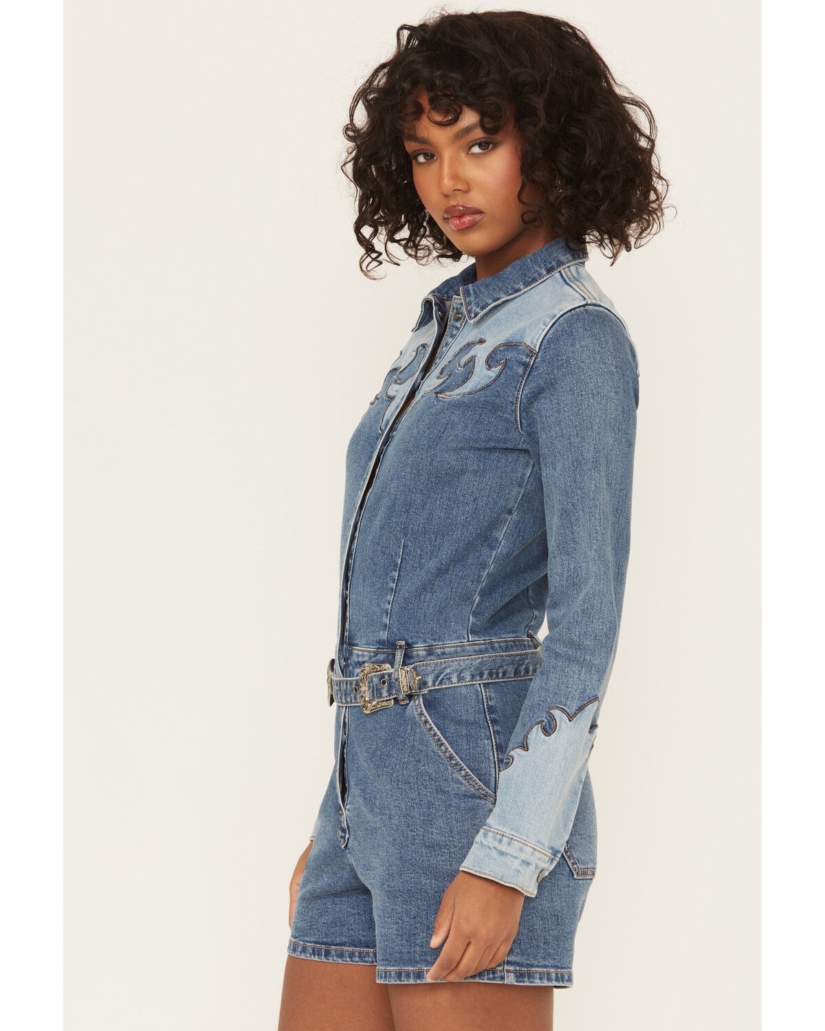 Rock & Roll Denim Women's Medium Wash Long Sleeve Snap Stretch Romper