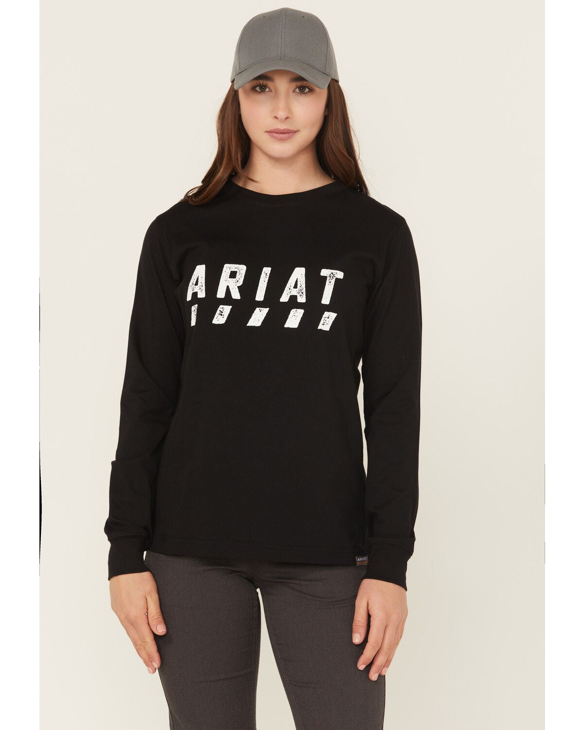 Ariat Women's Rebar Cotton Strong Logo Long Sleeve Work Tee, Black, hi-res