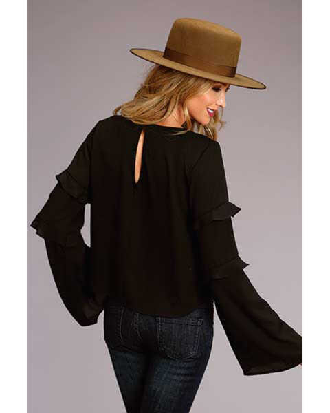 Stetson Women's Black Ruffle Bell Sleeve Crepe Blouse Top , Black, hi-res