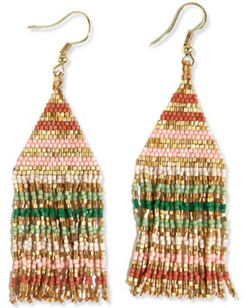 Ink + Alloy Women's Lexie Horizontal Gold Lines Beaded Fringe Earrings , Pink, hi-res