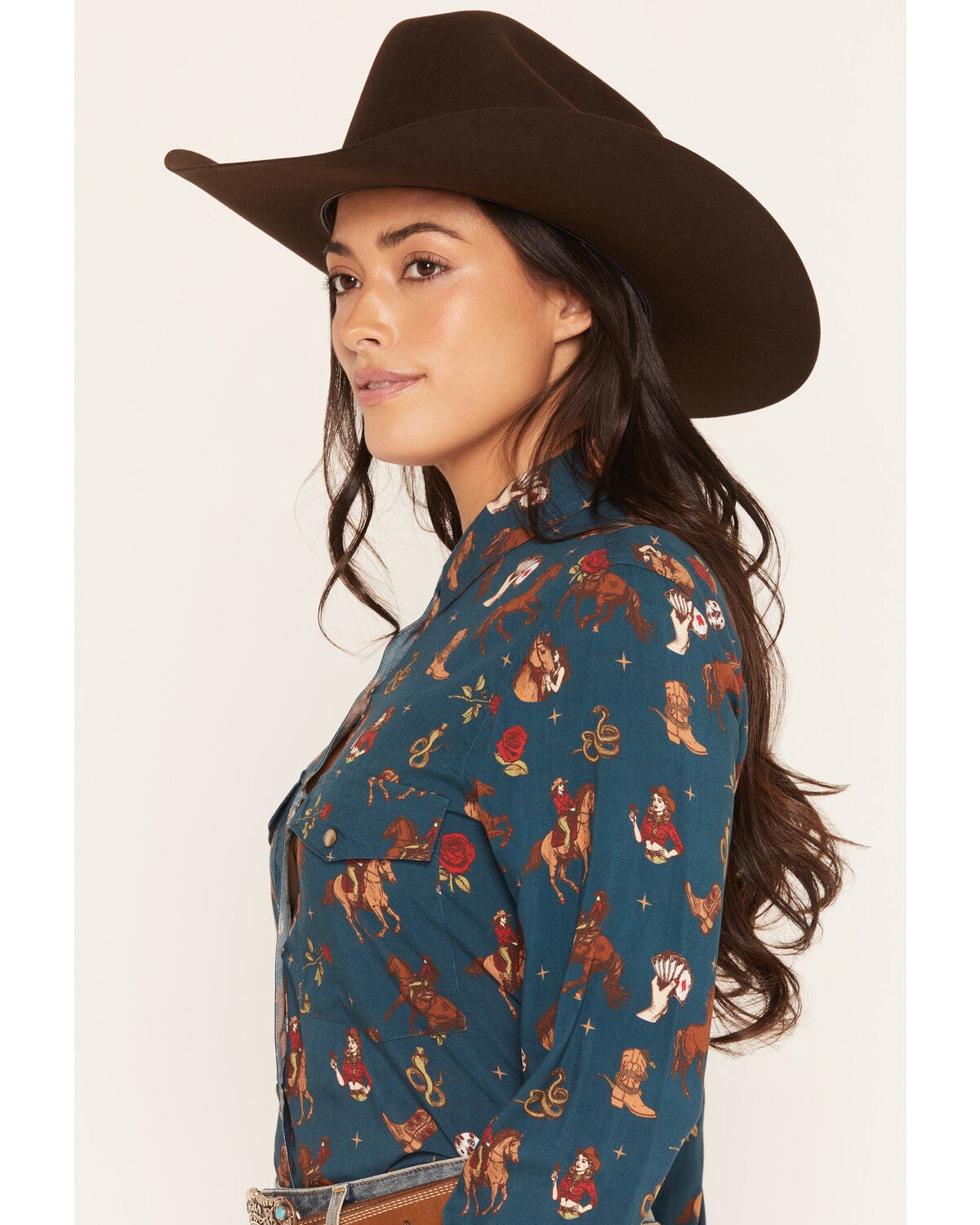 Image #2 - Rock & Roll Denim Women's Western Conversational Print Long Sleeve Snap Western Shirt, Teal, hi-res