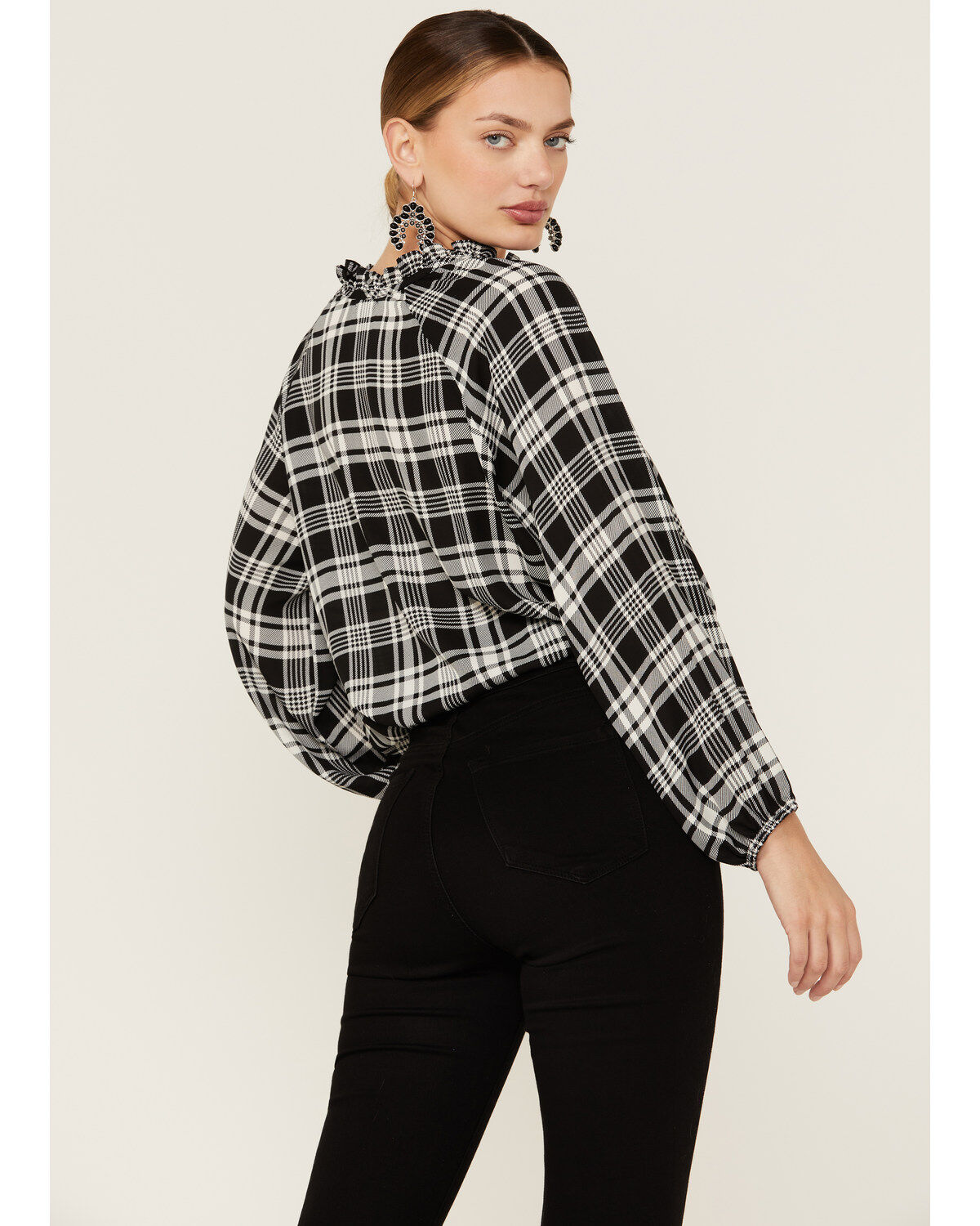 Image #3 - Wild Moss Women's Long Sleeve Tie Neck Peasant Blouse, Black, hi-res