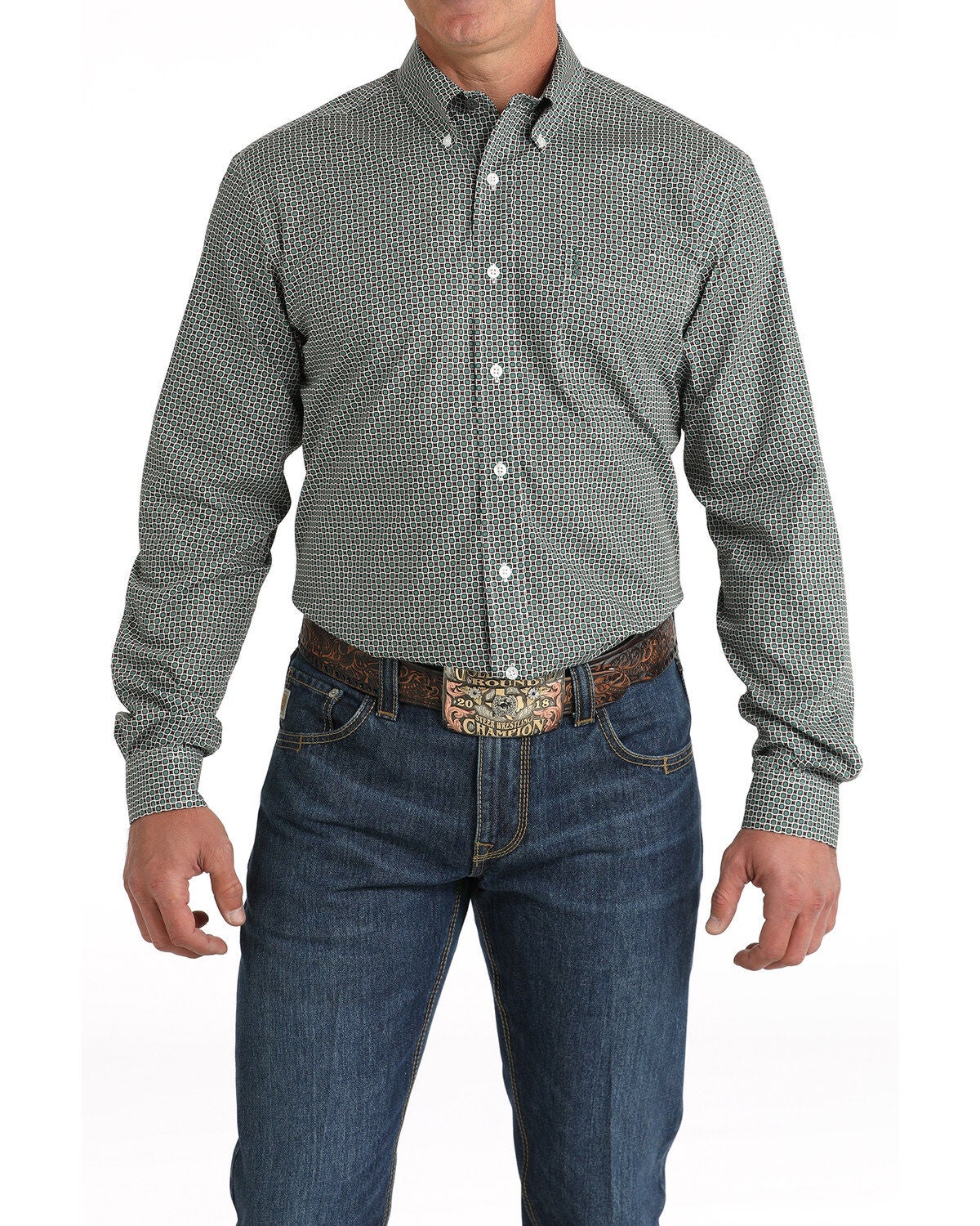 Cinch Men's Geo Print Long Sleeve Button-Down Western Shirt, Teal, hi-res