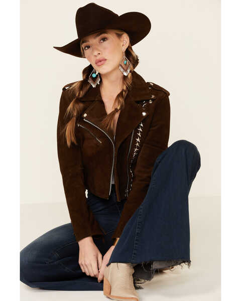 Understated Leather Women's Tan Paris Texas Star Studded Jacket , Tan