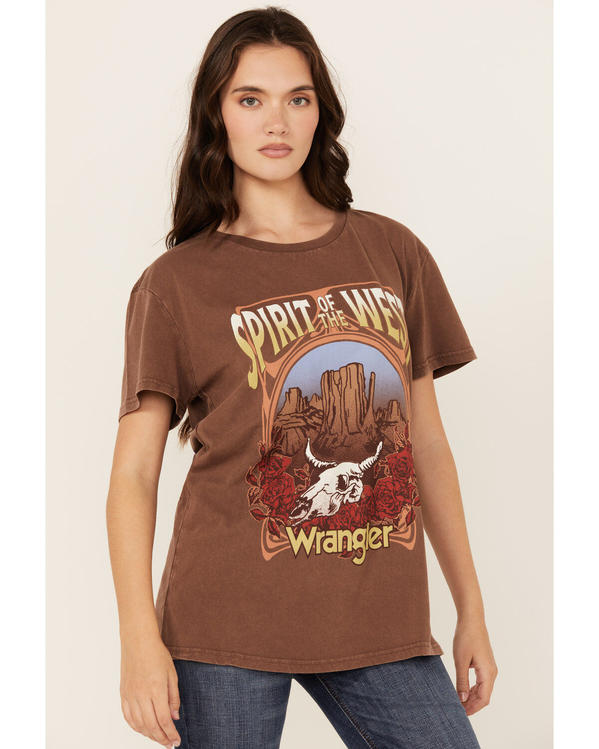Wrangler Women's Boot Barn Exclusive Spirit of the West Short Sleeve Graphic Tee, Brown, hi-res