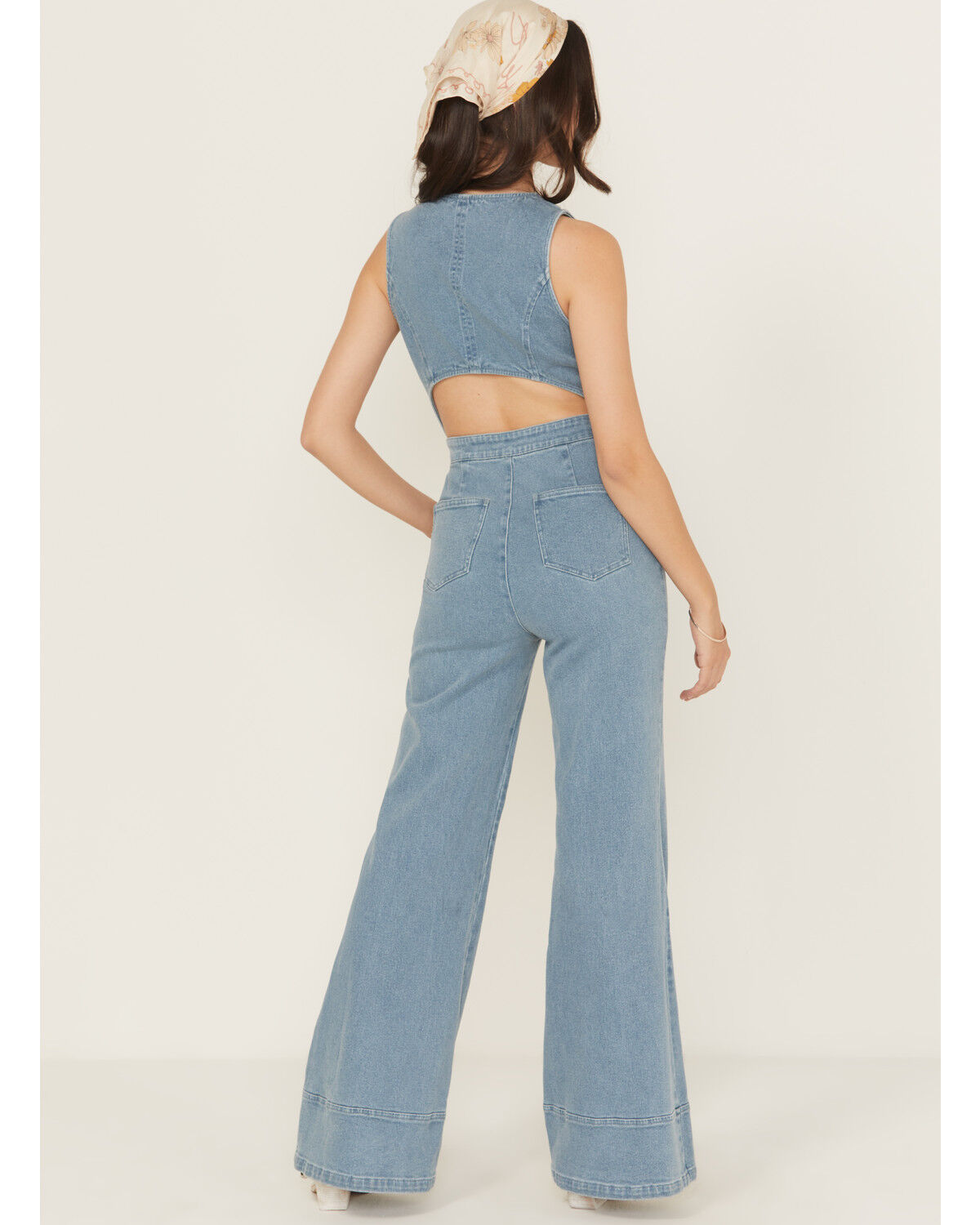 Product Name:  Flying Tomato Women's Light Wash Open Back Denim Jumpsuit