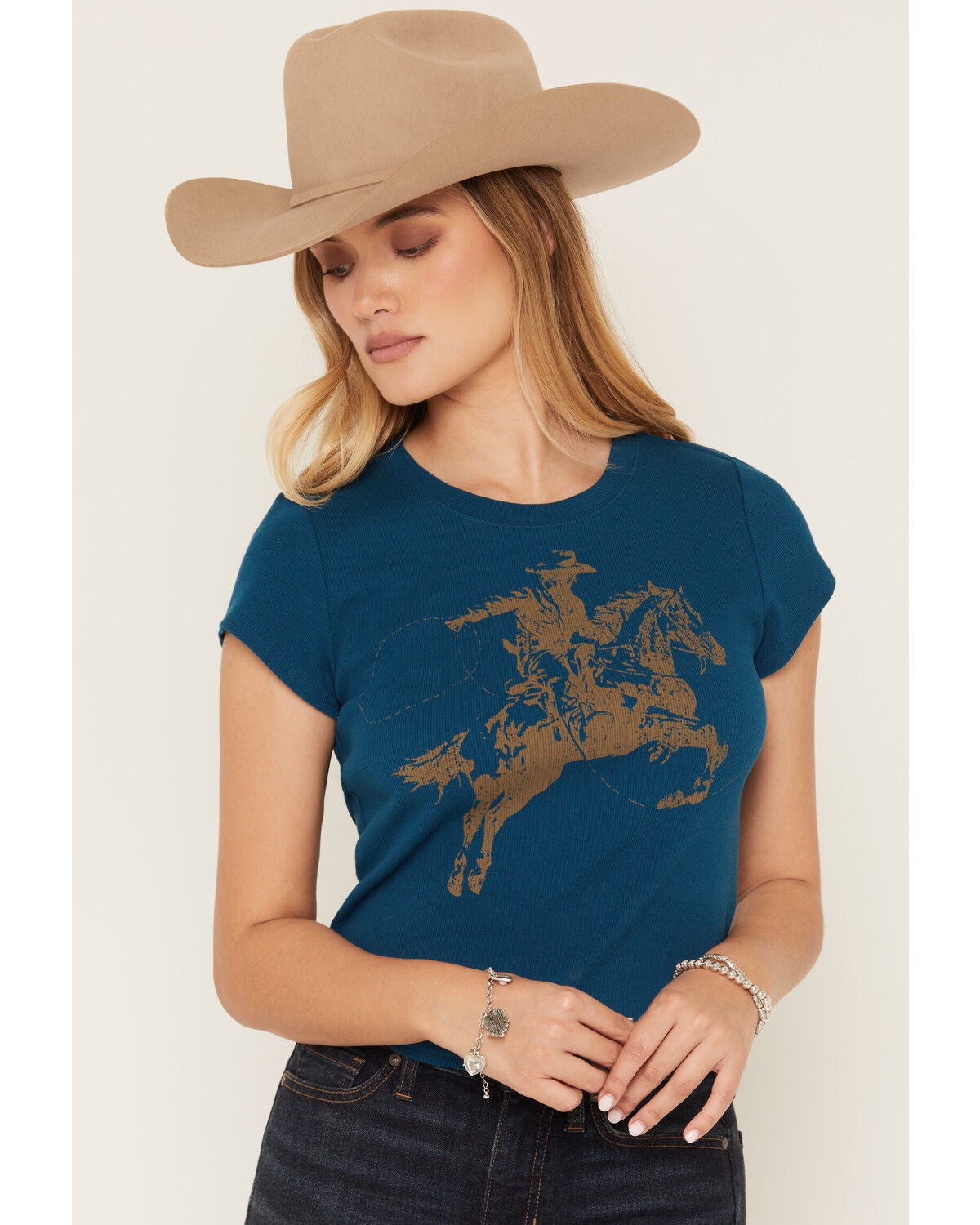 Shyanne Women's Ropin Cowboy Horse Ribbed Baby Tee, Navy, hi-res