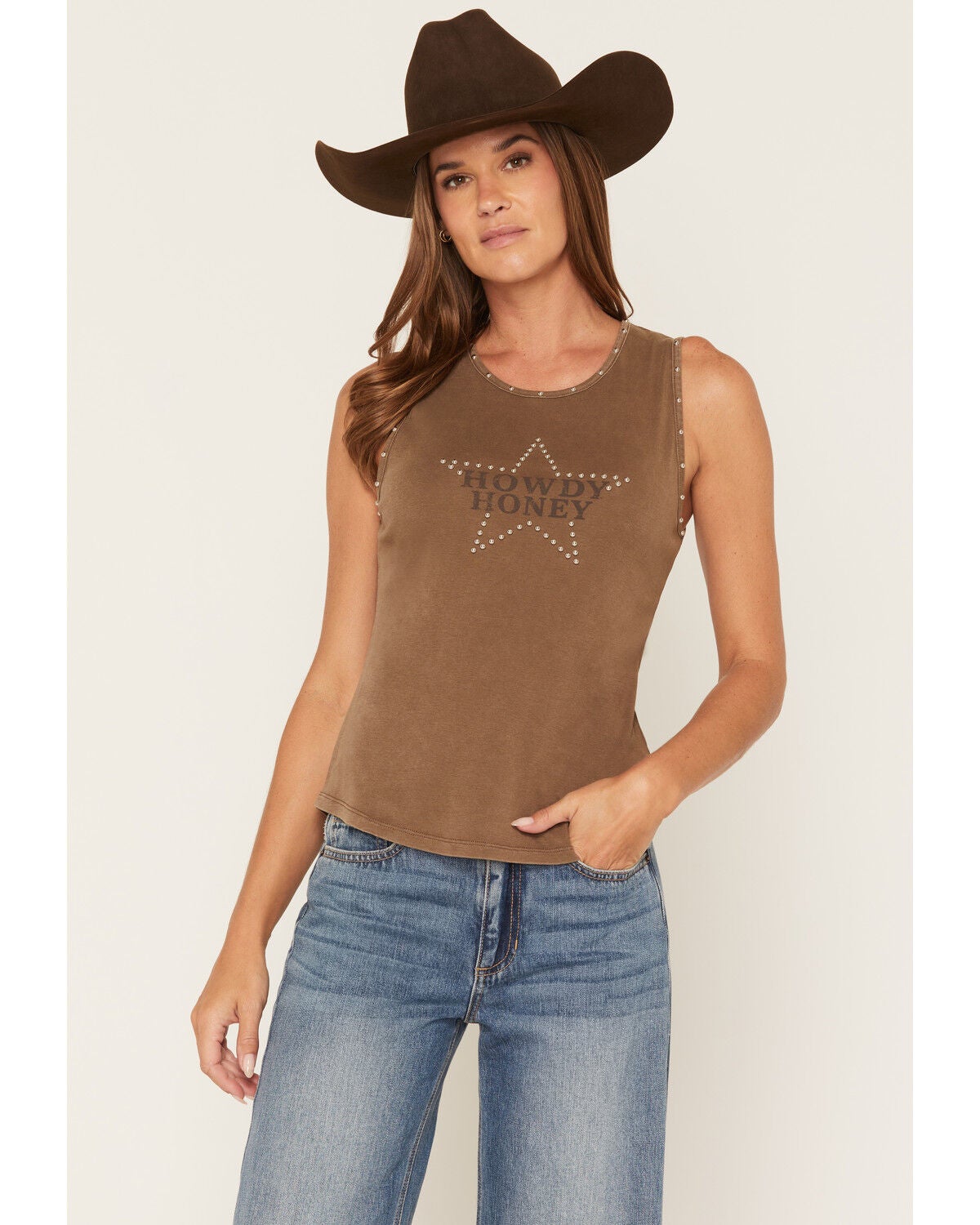 Image #1 - Nikxie Women's Howdy Honey Studded Tank, Camel, hi-res