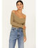 Very J Women's Long Sleeve Cross Front Ribbed Top, Olive, hi-res