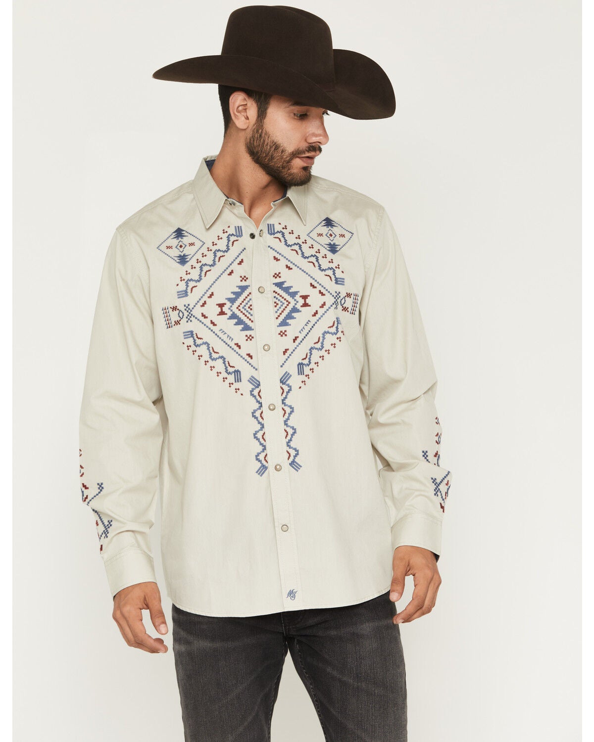Moonshine Spirit&reg; Men's Ritualistic Solid Embroidered Long Sleeve Snap Western Shirt, Sand, hi-res
