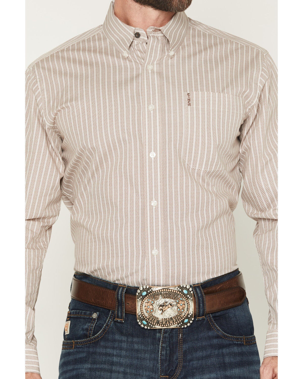 Image #3 - Cinch Men's Modern Fit Striped Long Sleeve Button-Down Western Shirt, Cream, hi-res