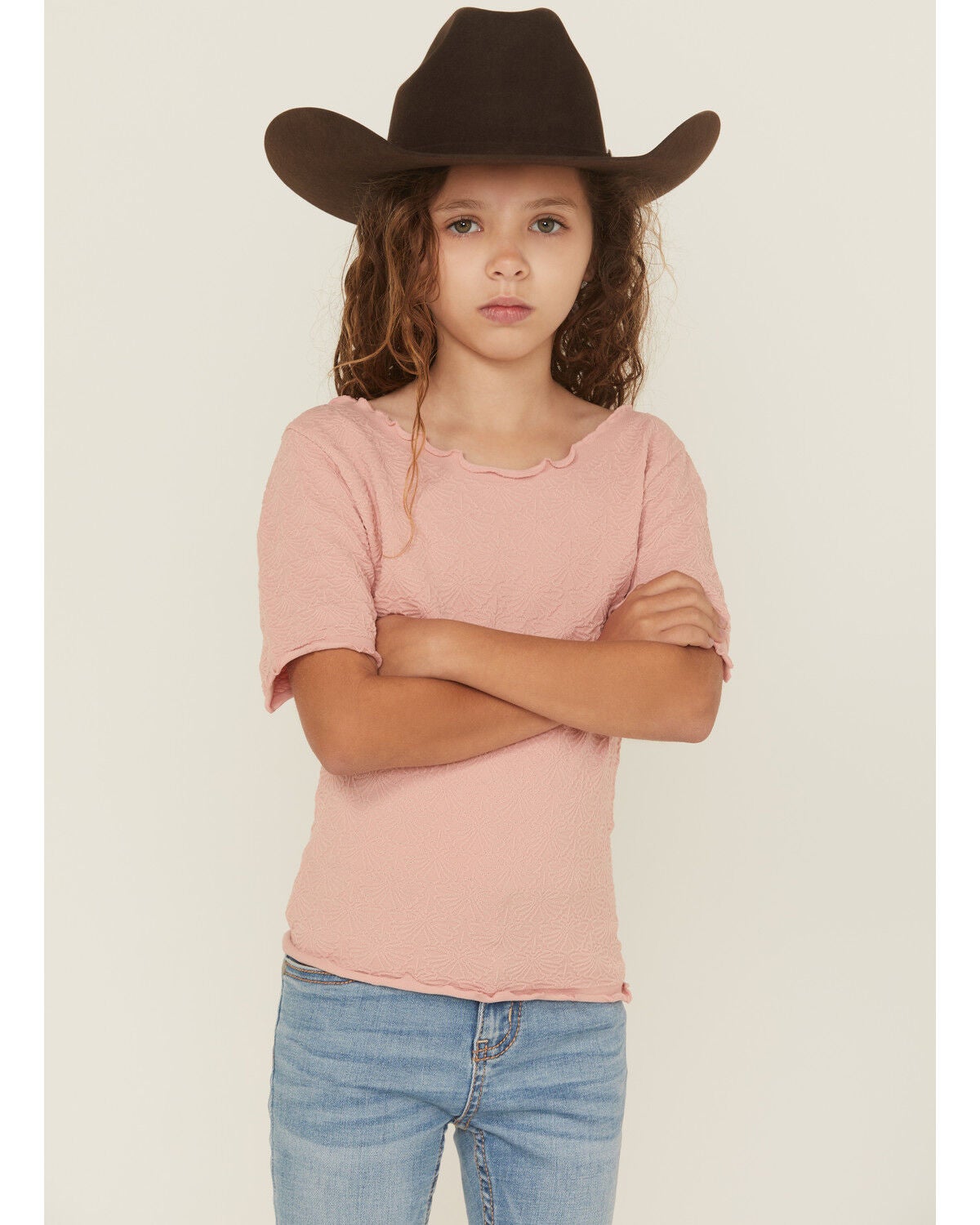 Fornia Girls' Solid Lettuce Edge Short Sleeve Top, Pink, hi-res