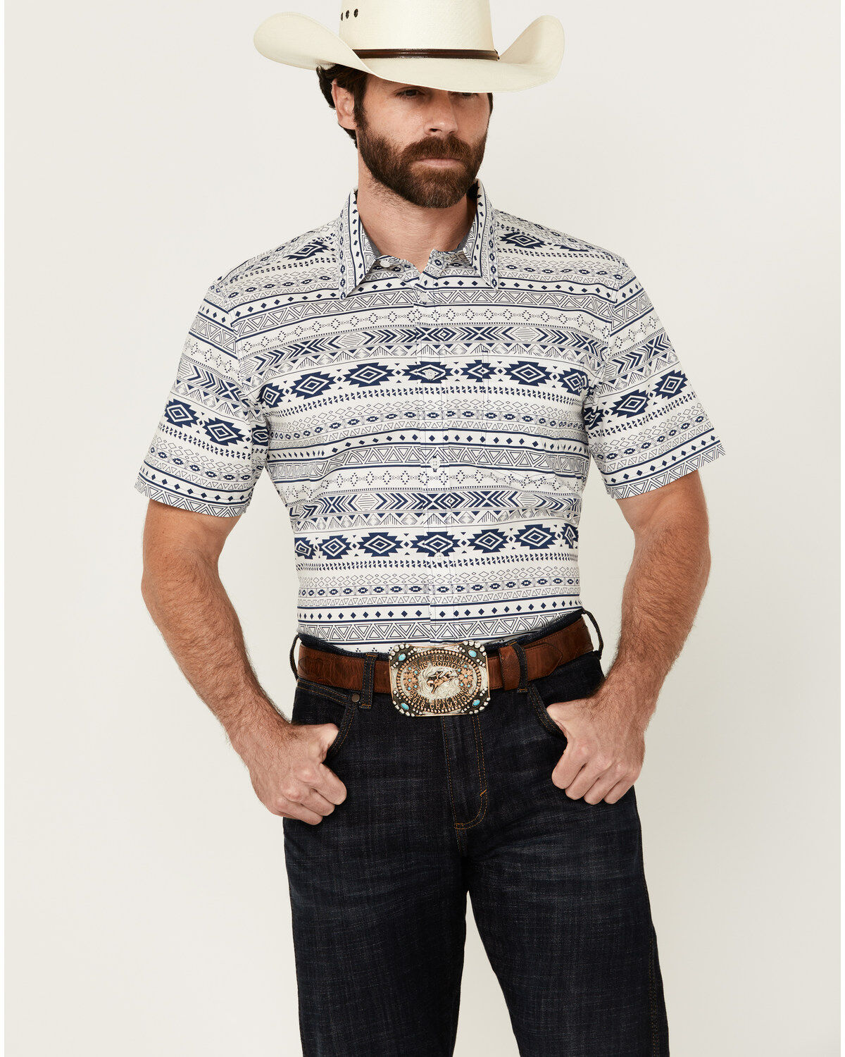 Image #1 - Cody James Men's Apache Trail Southwestern Striped Short Sleeve Button-Down Stretch Western Shirt, Navy, hi-res