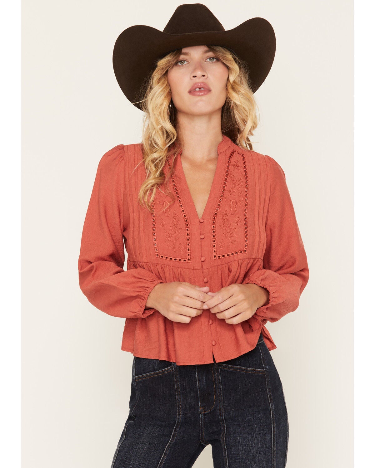 Image #1 - Wild Moss Women's Western Embroidered Long Sleeve Peasant Top, Rust Copper, hi-res