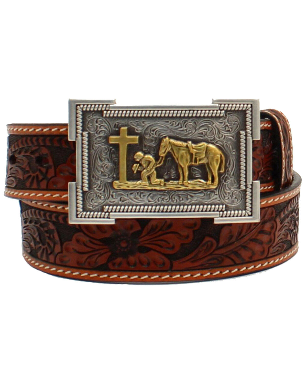 3D Boys' Floral Tooled Western Belt, Tan, hi-res